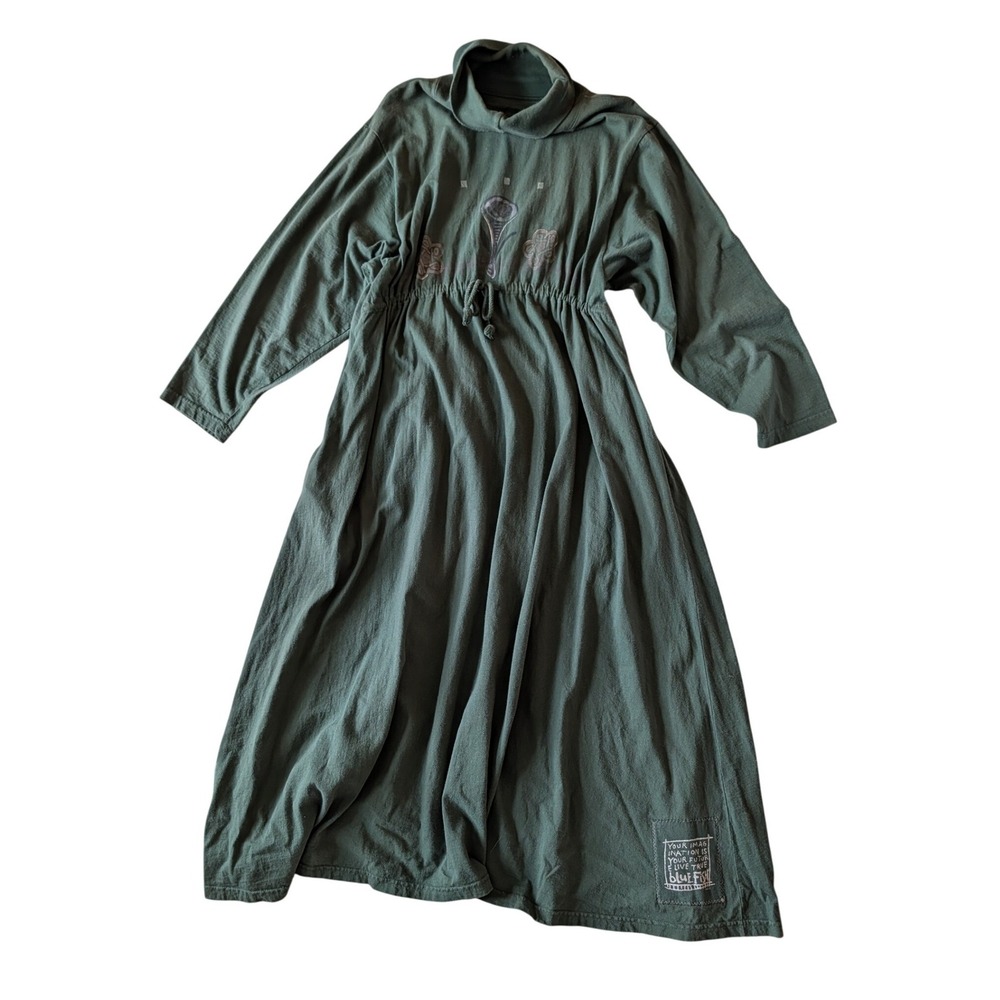 Blue Fish Organic Hand Printed Mock Neck Maxi Dress Green Boho Lagenlook- L